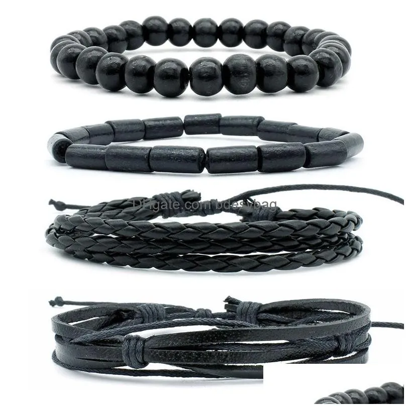 Handmade Braided Multilayer Rope Leather Wooden Beaded Charm Bracelets 4pcs Set Adjustable Party Jewelry For Men