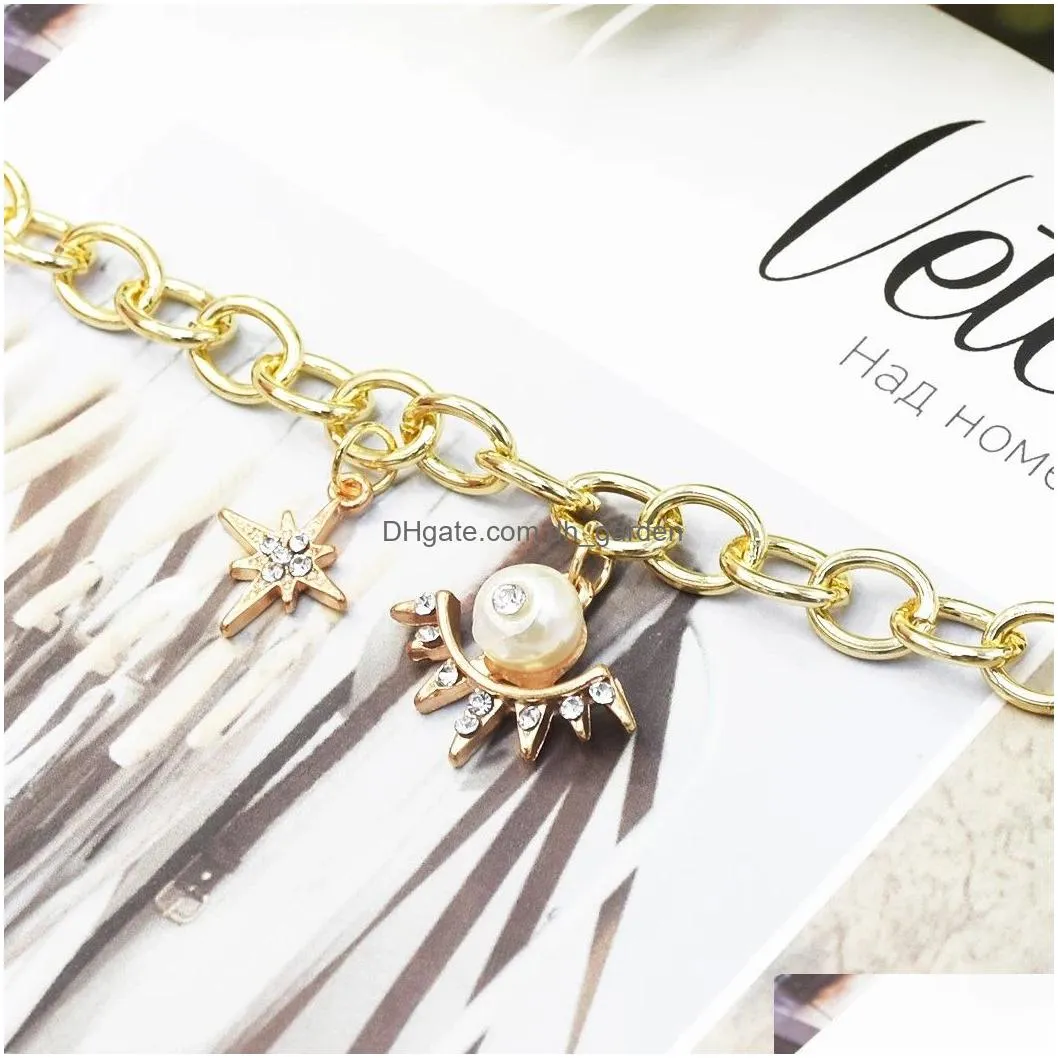 Korean Gold Chain Geometric Pearl Pendant Bracelet With Rhinestone For Women Party jewelry