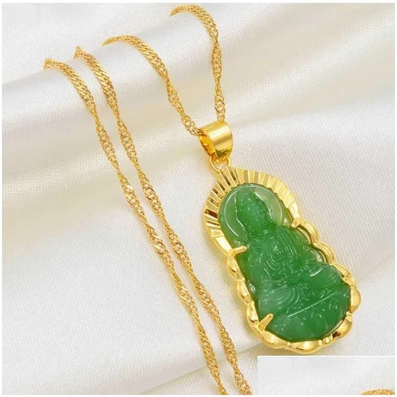 pendant necklaces exquisite buddhist imitation jade guanyin buddha statue necklace for men and women religious amulet jewelry