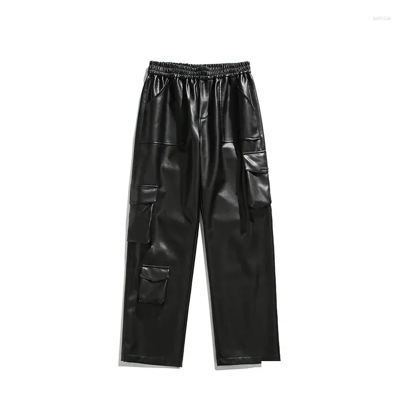 men`s pants leather motorcycle cargo multi-pockets black pu men elastic waist mopping trousers all-match windproof