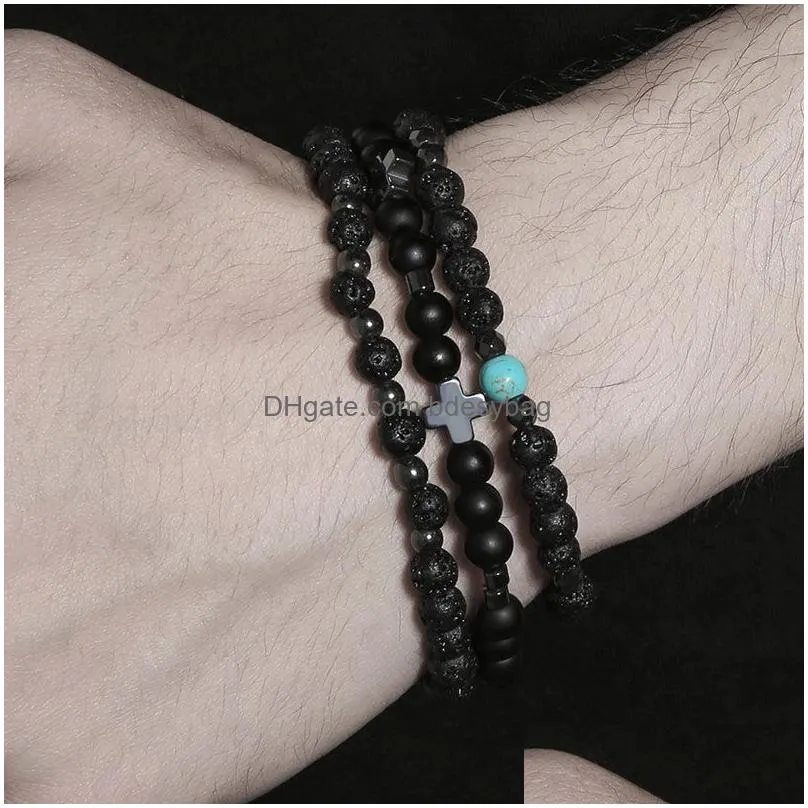 Beaded 6Mm Natural Lava Stone Handmade Cross Beaded Strands Charm Bracelets Party Club Elastic Sports Jewelry For Men Drop Delivery J Dholb