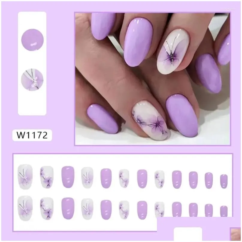 false nails long oval fashion french blue flowers fake purple butterfly full cover nail tips for diy