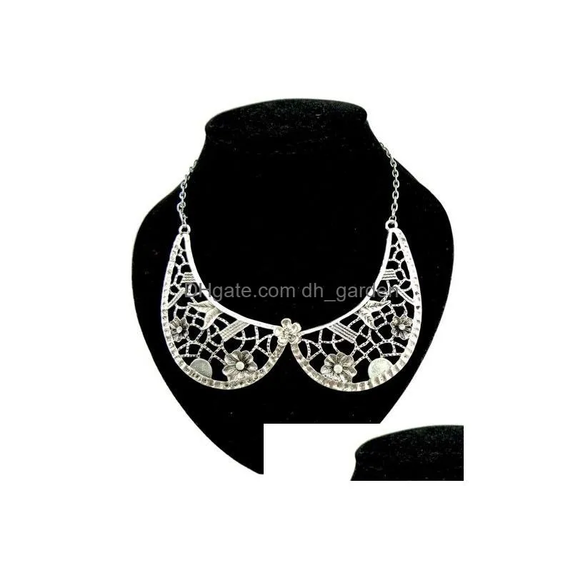 Flower Collar Choker Necklace Bohemian Retro Rhinestone Hollow Out Bronze Silver Metal Necklace