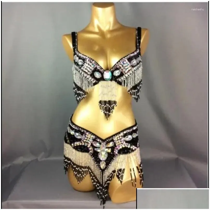 stage wear high quality women`s beaded crystal belly dance costume bar belt set sexy female bellydancing costumes 1618