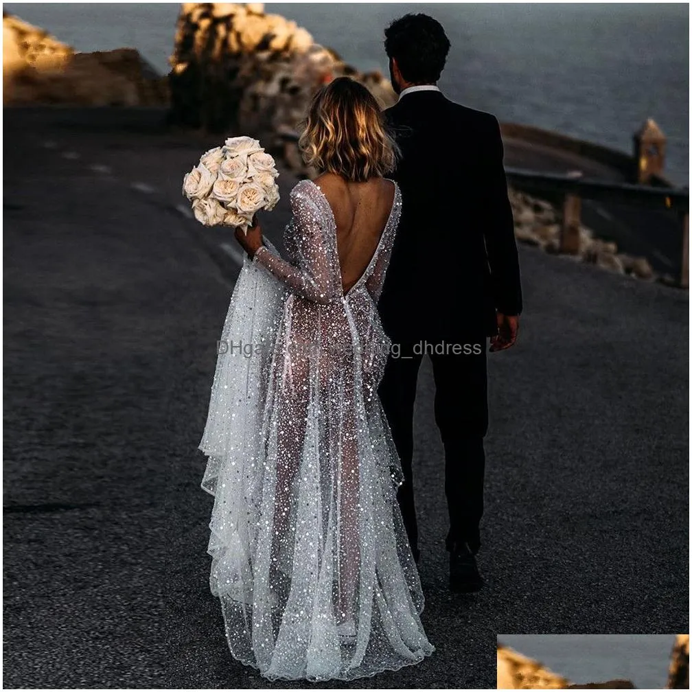 sexy illusion boho wedding dress a-line v-neck sleeves wedding dresses backless beach bridal gowns sequined beading beach 2021233r