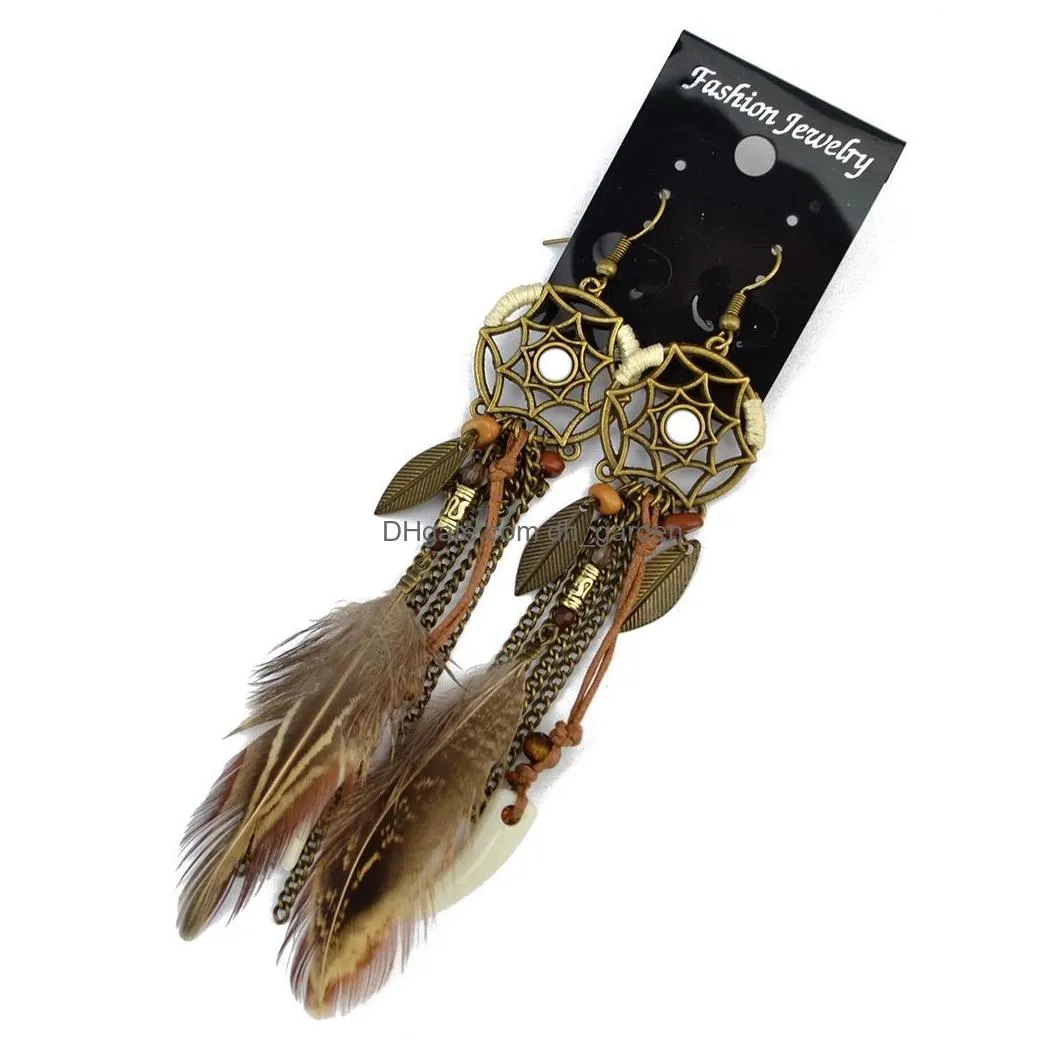 Vintage Antique Bronze Fashion Long Tassel Feather Resin Beads Drop Earrings Fish Hook Earrings For Women Jewelry