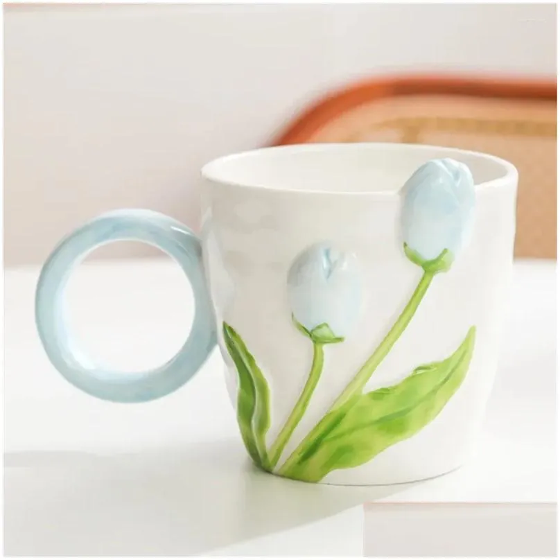 mugs tulip cup easy to clean mellow smooth ceramics high quality comfortable grip porcelain hand carved does not fade mug durable