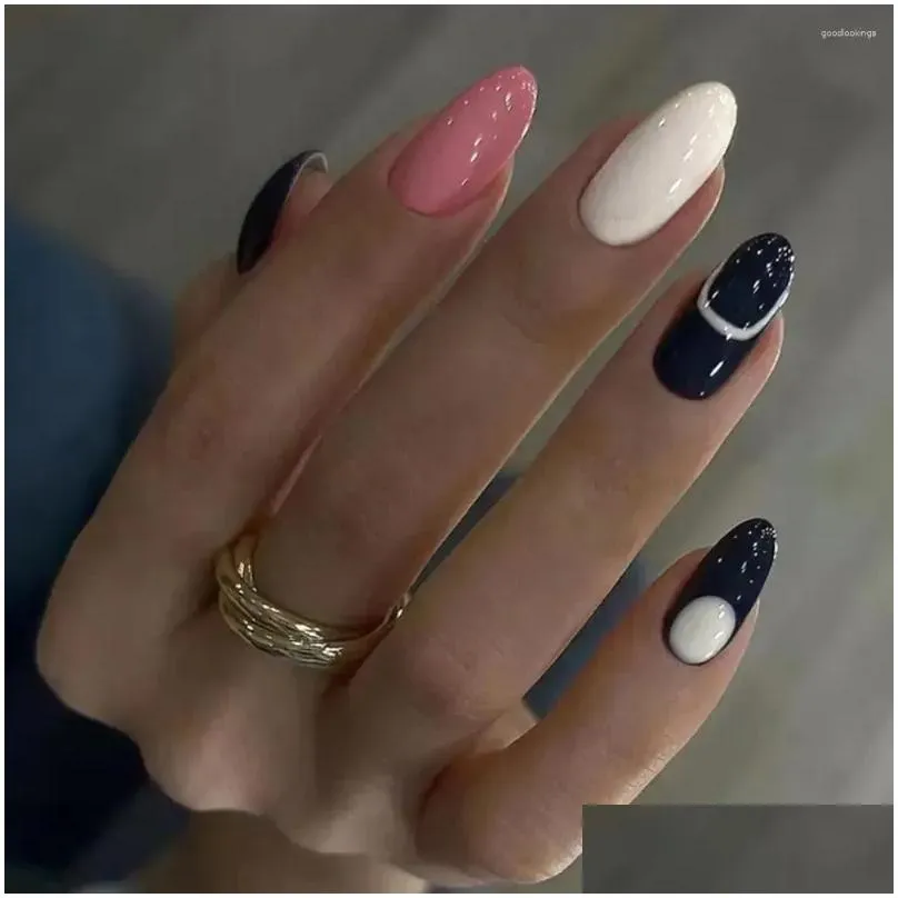 false nails long oval fashion french blue flowers fake purple butterfly full cover nail tips for diy