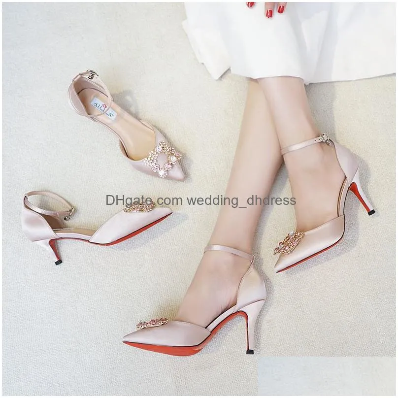 champagne stiletto heel silk wedding shoes for bride beaded luxury designer heels poined toe rhinestones bridal shoes with buckle 316p