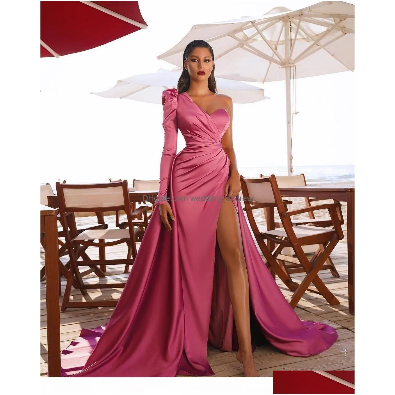 2021 pink prom dresses mermaid side split formal long evening gowns one shoulder long sleeves satin pleated designer formal la244p