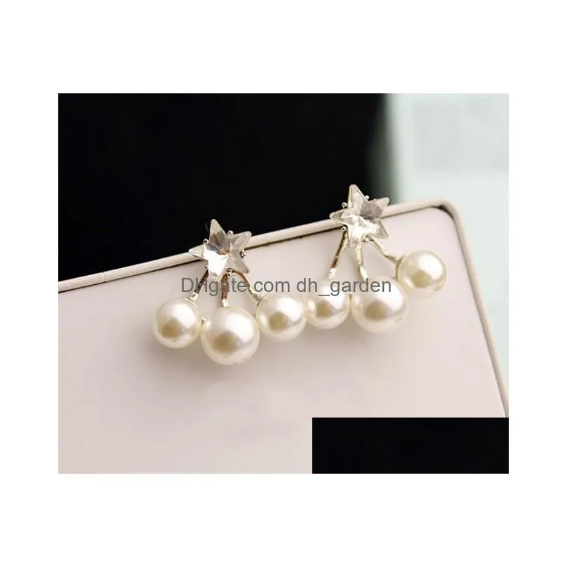 Korea Style Silver Plated Clear Crystal Star Three Pearl Ear Studs Earrings