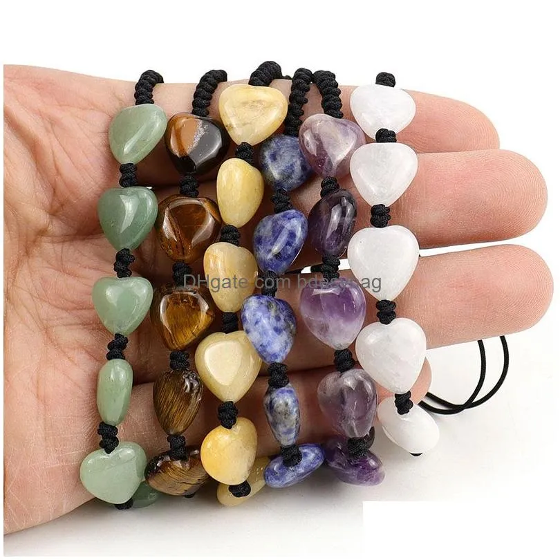 Natural Crystal Stone Handmade Rope Braided Heart Charm Bracelets Fashion Yoga Beaded Jewelry For Women Men