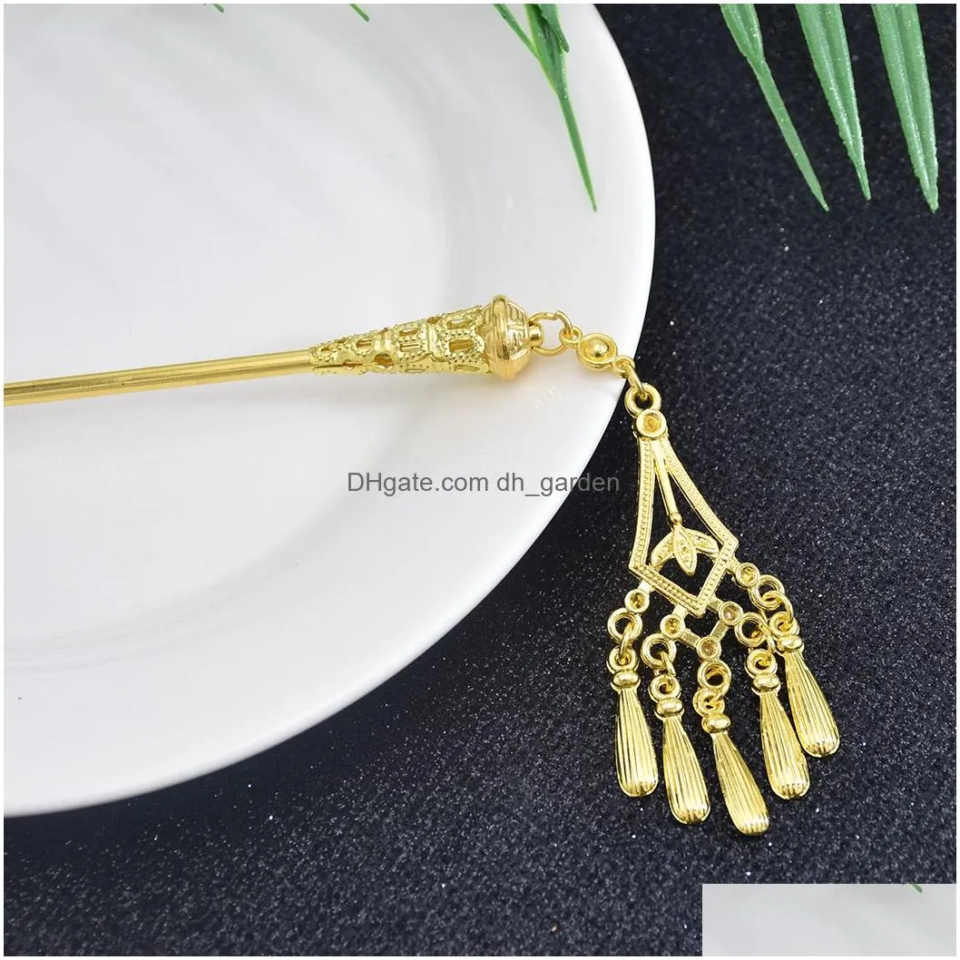 Antique Vintage China Ethnic Hair Sticks Carved Flower Pendant Tassel For Women Unique Jewelry Hair Accessories