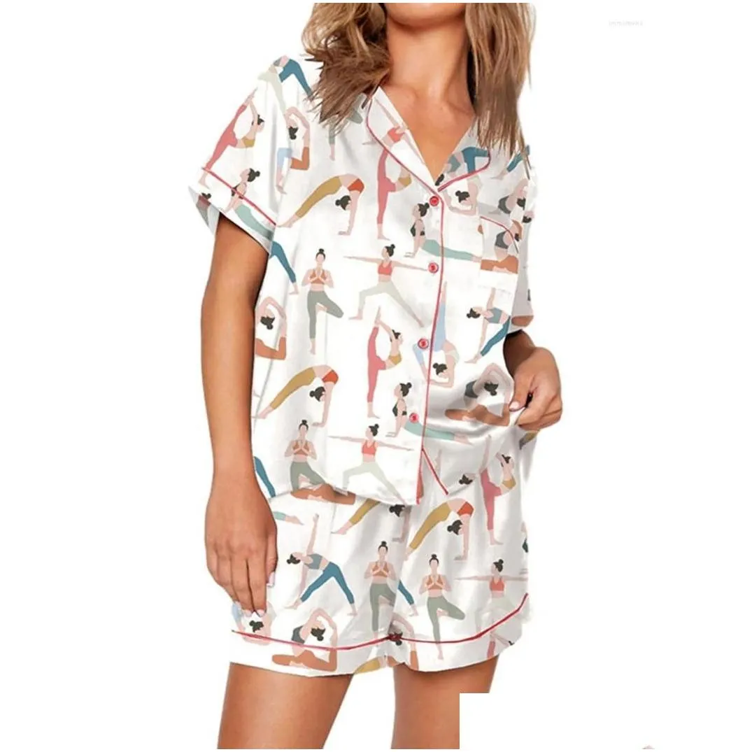 women`s sleepwear women s satin pajama set lapel neck button down short sleeve tops elastic waist shorts 2 pieces lounge