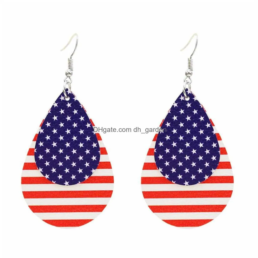 Fashion PU Leather Water Drop Earrings Creative American Flag Multilayer Geometric Earrings