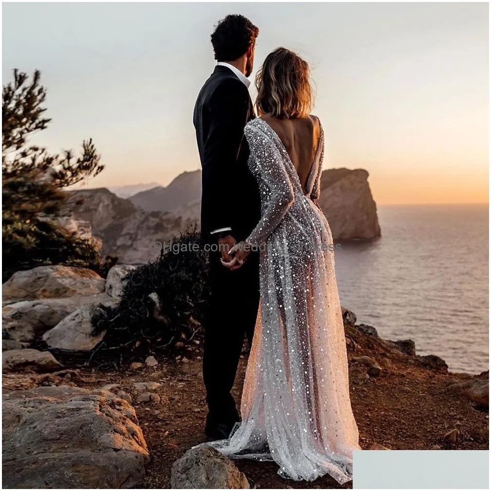 sexy illusion boho wedding dress a-line v-neck sleeves wedding dresses backless beach bridal gowns sequined beading beach 2021233r