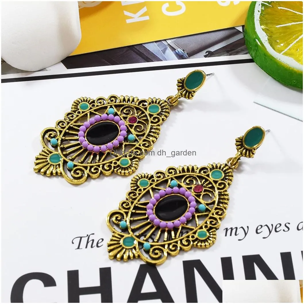 Fashion vintage Turkish geometric colorful gems ancient gold silver delicate diamond ladies earrings bohemian jewelry