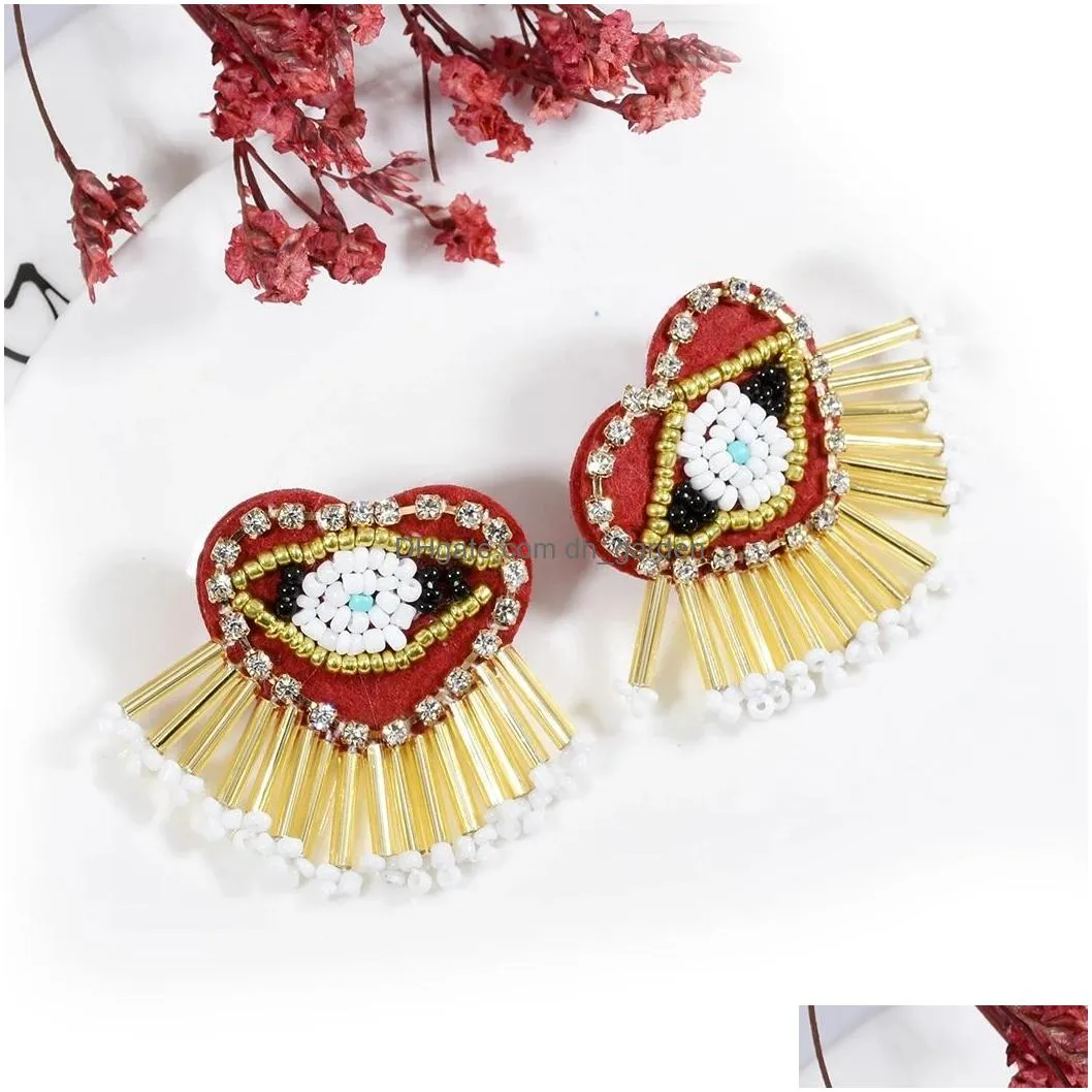 2 Styles Fashion Beaded Colorful Tassel Earrings Cute Heart Flamingo-shaped Statement Stud Earrings for Women