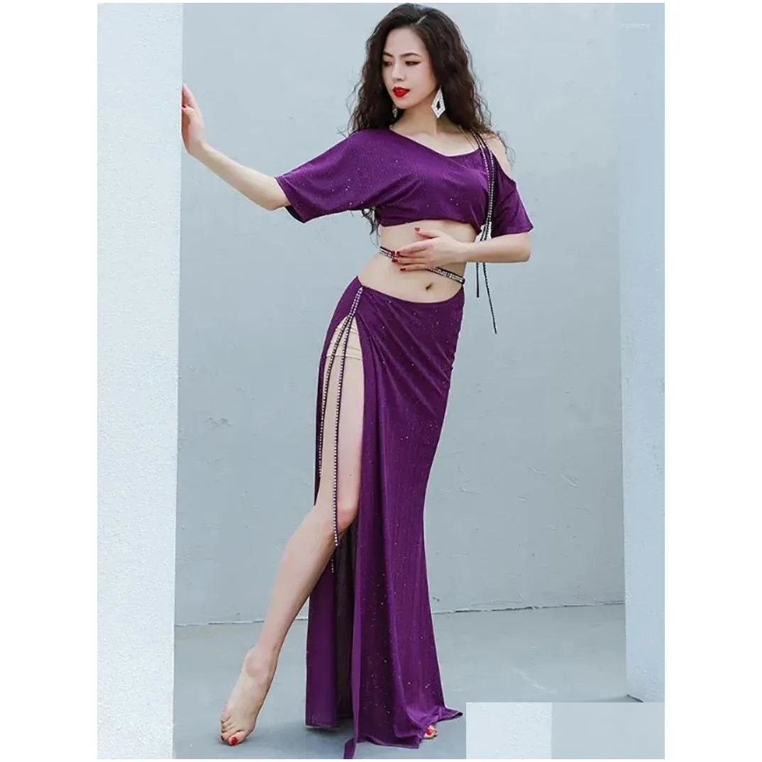 stage wear women belly dance costume french short sleeves cut out shoulder diamond chain skirts practice performance dancewear