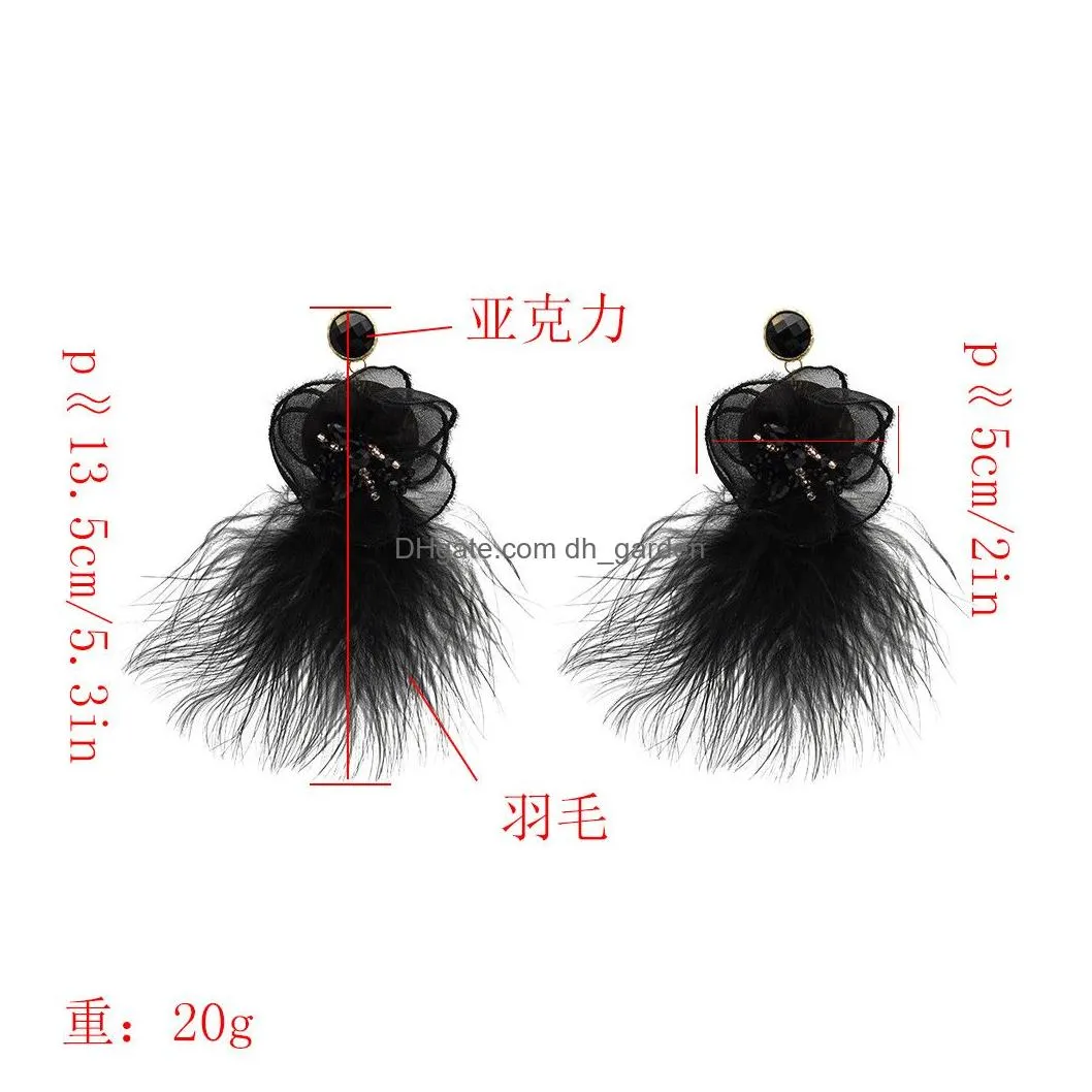 IdealwayNew Fashion 4 Colors Trendy Alloy Textile Flower Acrylic Bead Feather Earring For Women Jewelry Design