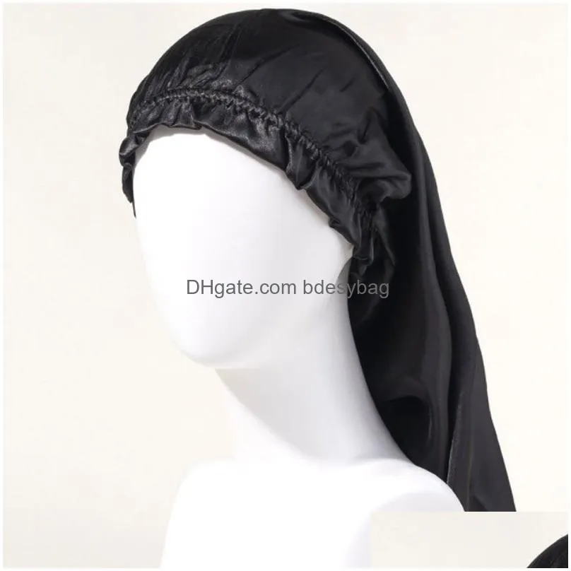 Solid Color Soft Long Satin Bonnet Sleep Caps Headwear For Women Girl Fashion Hair Care Beanie Night Hat