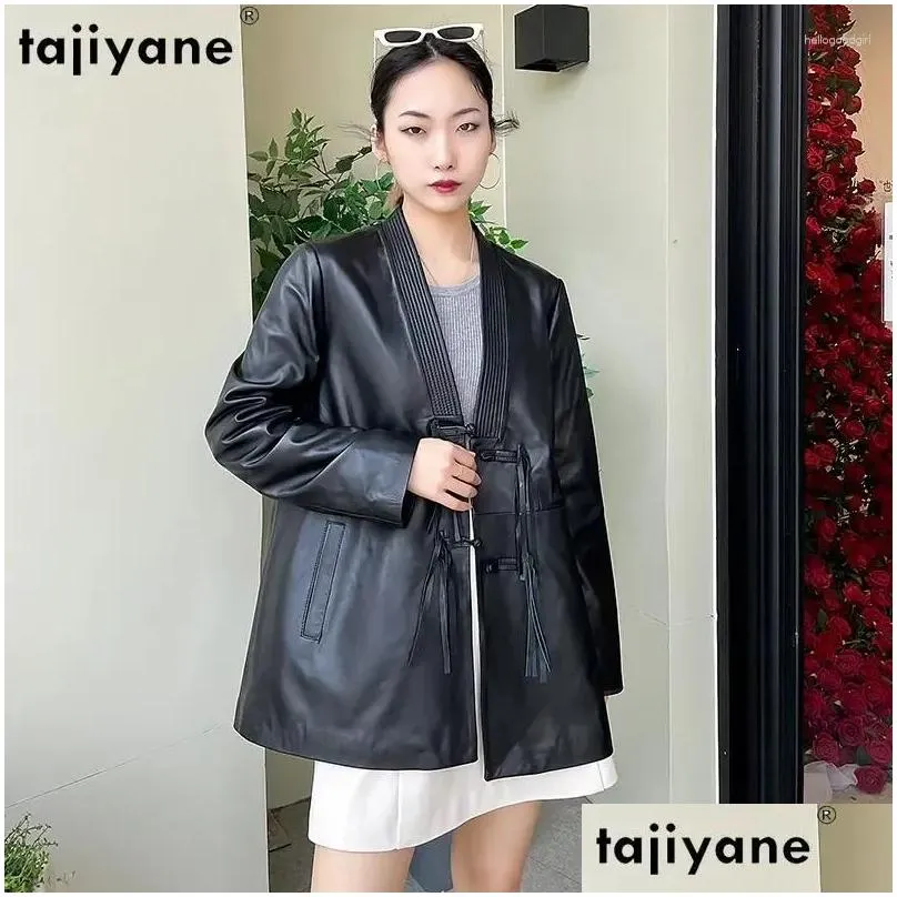 women`s leather tajiyane real jacket women genuine sheepskin jackets for 2024 spring autumn loose coat v neck