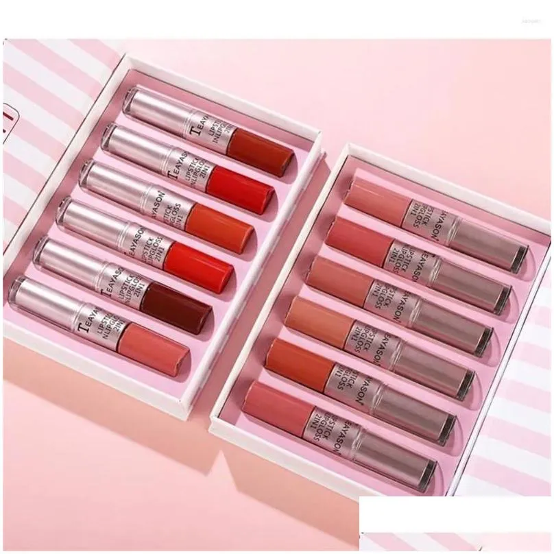 lip gloss 12pcs 2 in 1 lipstick glaze set 6pcs matte kit smooth delicate lasting coloring non-stick cup waterproof