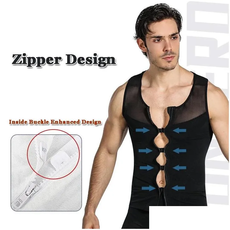 mens waist trainer corset abdomen slimming shapewear belly shaping top gynecomastia compression shirts with zipper body shaper 240220