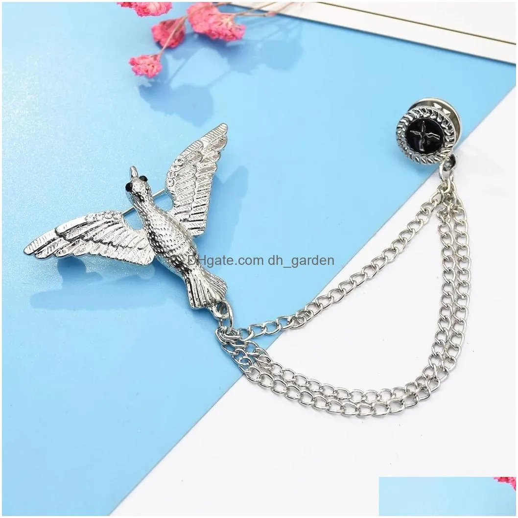 Gold Silver Alloy Bird Brooches Coat Pins Collar Chain Women Men Suit Dress Accessories Party Jewelry