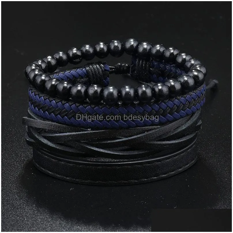 Male Multilayer Rope Leather Handmade Braided Beaded Charm Bracelets Set Adjustable Party Club Jewelry For Men