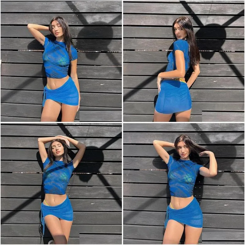 work dresses sexy blue y2k print mesh crop top shirts and mini skirts bandage two piece set beach outfits party club 2024 summer women