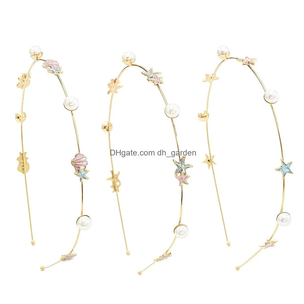 Fashion Korean Style 3pcs/Set Gold Starfish and Shell Shape with Pearl Headband Hair Jewelry Accessories