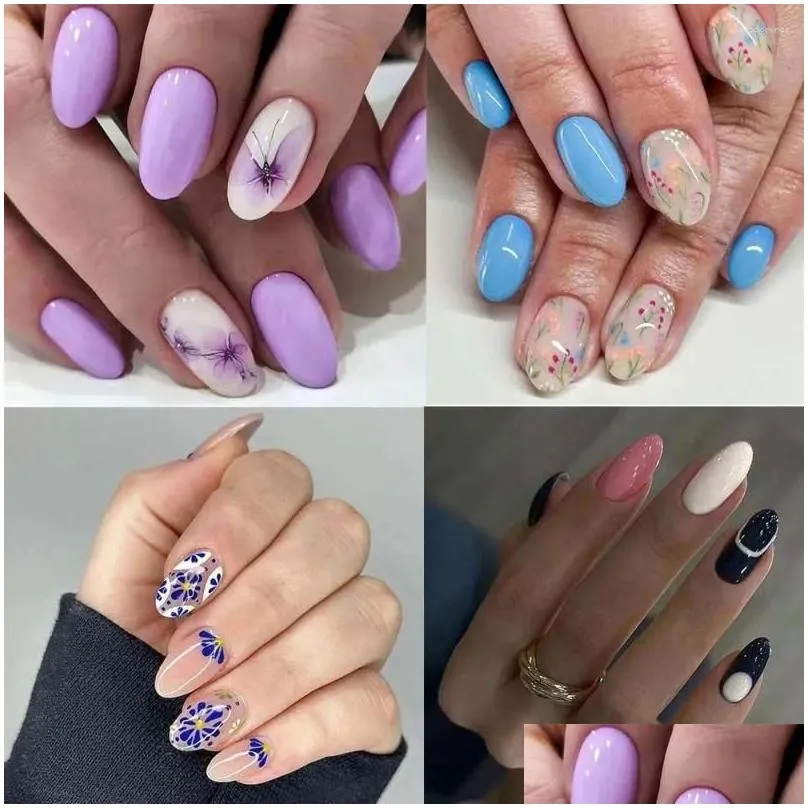 false nails long oval fashion french blue flowers fake purple butterfly full cover nail tips for diy