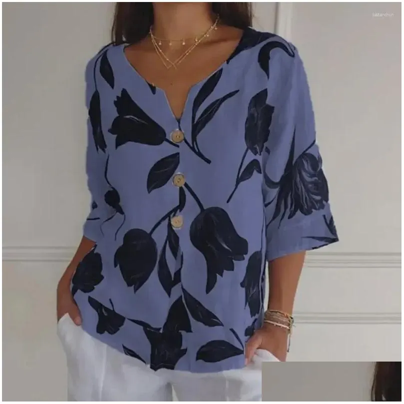 women`s blouses women blouse leaf printed v neck for retro three quarter sleeve shirt with contrast color soft breathable lady`s