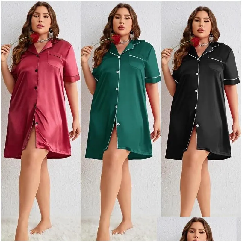 women`s sleepwear size 5xl shirt nightgown womens lounge nightdress turn-down collar short sleeve nightshirt nighty robe female silky