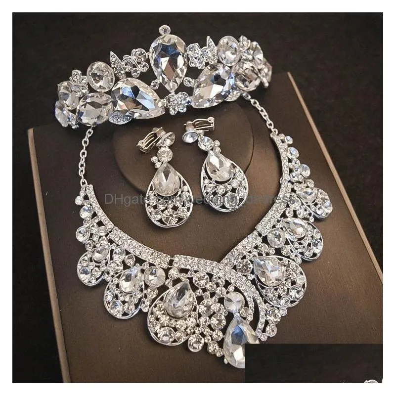 luxurious crystal bling bling bridal wedding crown necklace earring sets quinceanera party jewelry formal events bridal jewelry se269r