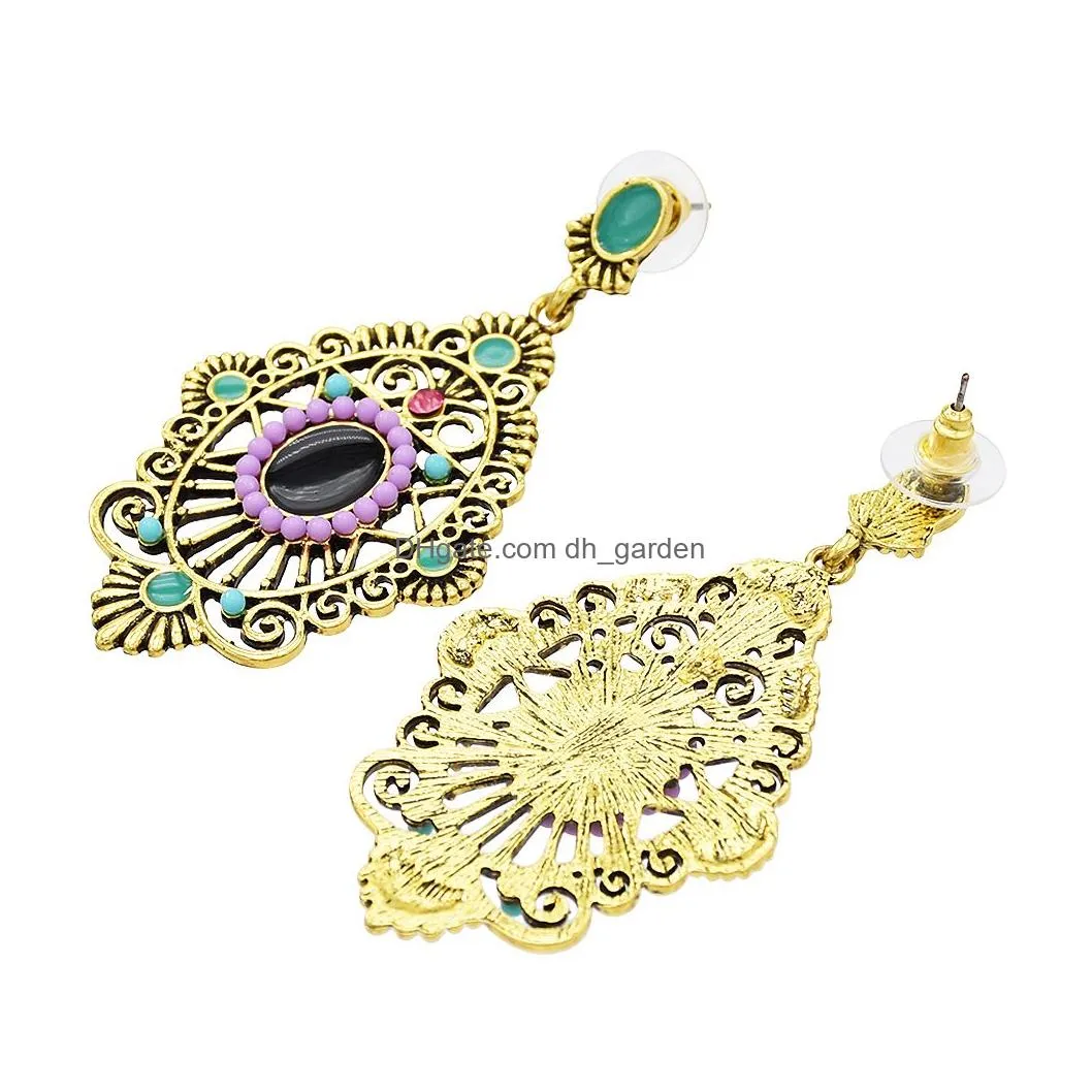 Fashion vintage Turkish geometric colorful gems ancient gold silver delicate diamond ladies earrings bohemian jewelry