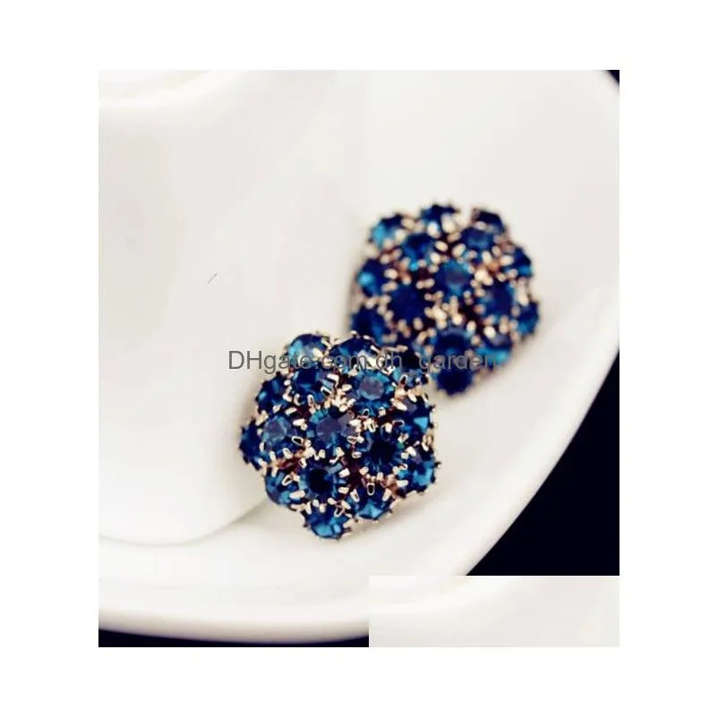 Korea Style Gold Plated Alloy Royalblue Rhinestone Flower Studs Earrings