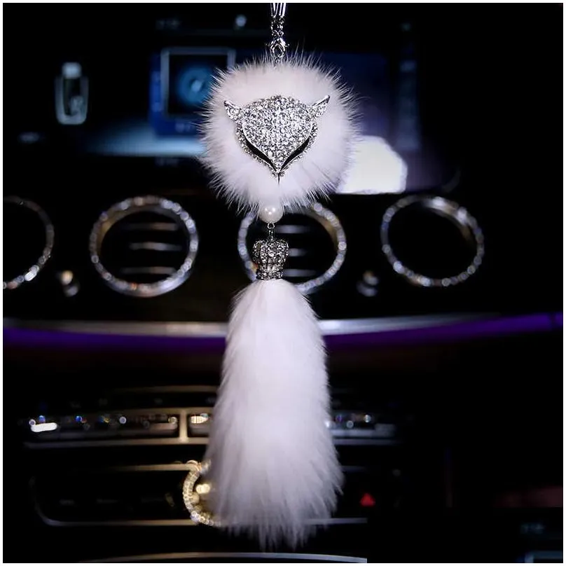 Other Interior Accessories New Fashion Diamond Crystal Car Pendant Decoration Rearview Mirror Hanging Fox Fur Ornaments Styling Interi Dhzps