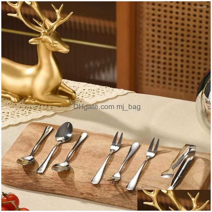 Dinnerware Sets Mini Egg Cutlery Set Gold Silver Stainless Steel Coffee Spoon Dessert Cake Fork Clip 7 Pack In Total