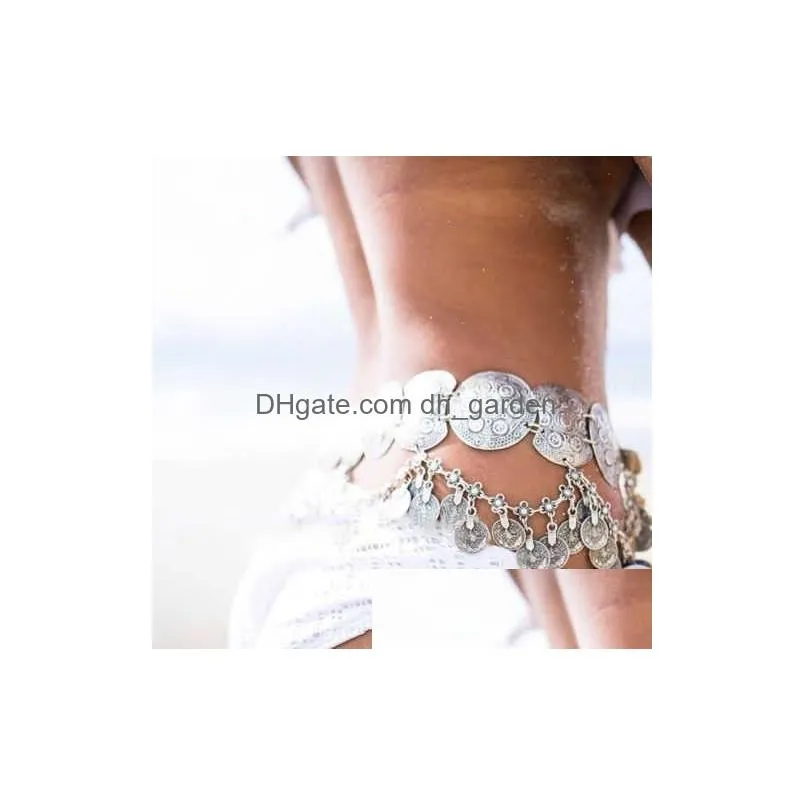 Vintage Style Turkish Gypsy Silver Plated Alloy Carving Flower Coin Belly Body Chain Waist Women Jewelry