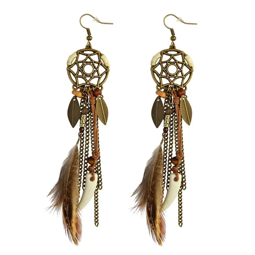 Vintage Antique Bronze Fashion Long Tassel Feather Resin Beads Drop Earrings Fish Hook Earrings For Women Jewelry
