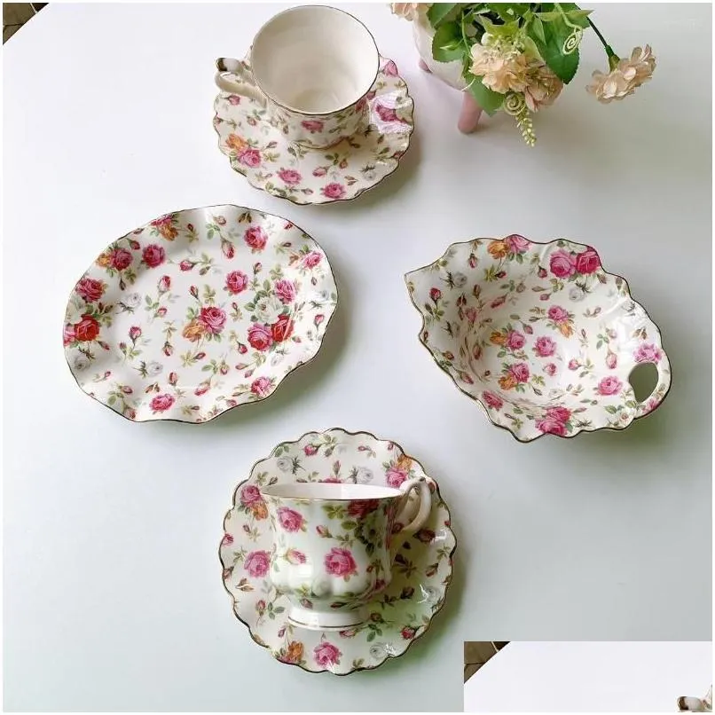 Plates French Retro Flowers Ceramic Coffee Cup And Plate A Set Of Salad Bowl Tableware Court Style