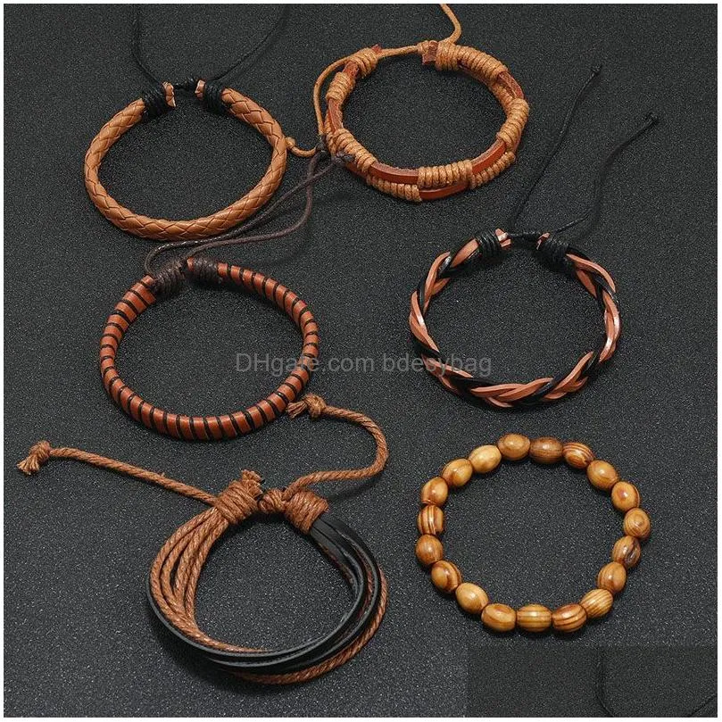 Handmade Rope Leather Braided Multilayer Wooden Beaded Charm Bracelets Jewelry Set Adjustable Decor Bangle For Men