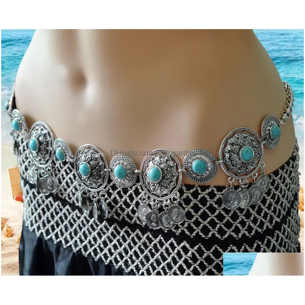 Vintage Indian Turkish Blue Stone Coin Dance Belt Belly Dance Body Waist Chain Jewelry for Women