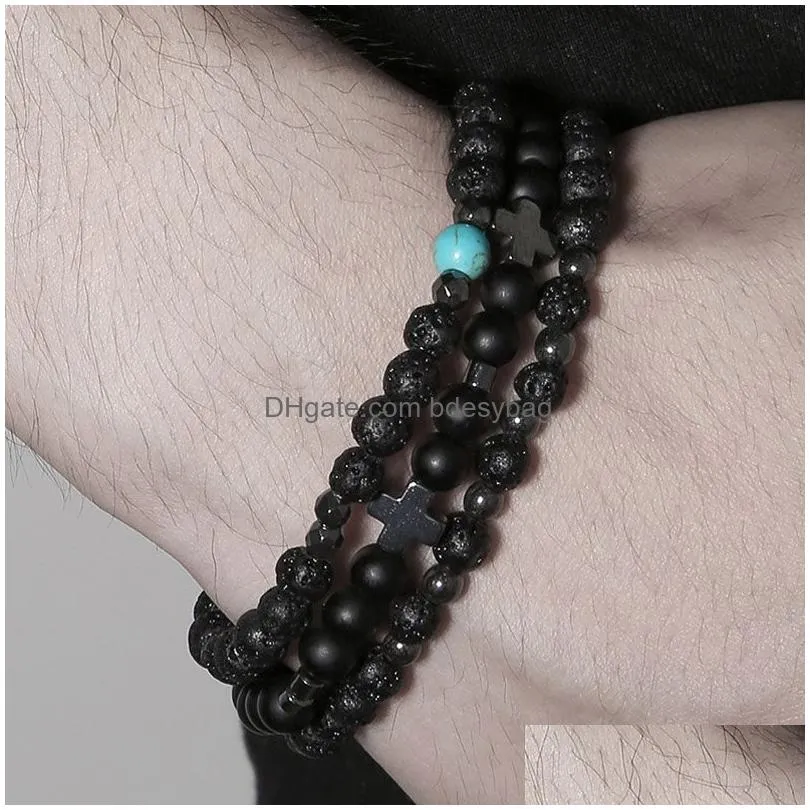 Beaded 6Mm Natural Lava Stone Handmade Cross Beaded Strands Charm Bracelets Party Club Elastic Sports Jewelry For Men Drop Delivery J Dholb