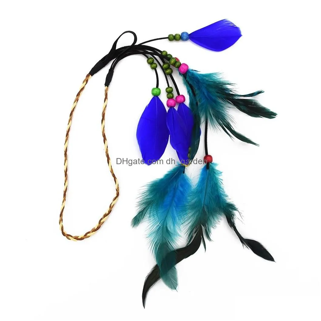Bohemian Handmade Ethnic Gypsy Wood Beads Feather Hairband Hair Clip Hair Jewelry