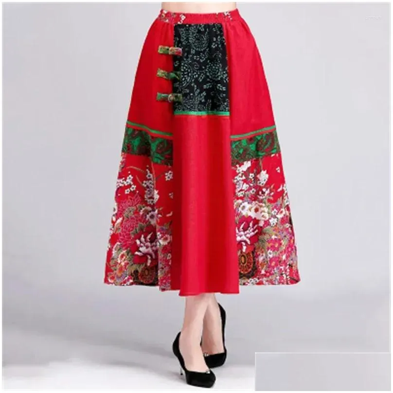 skirts faldas mujer moda 2024 summer elegant vintage print a-line indie folk cotton linen harajuku ethnic fashion womens