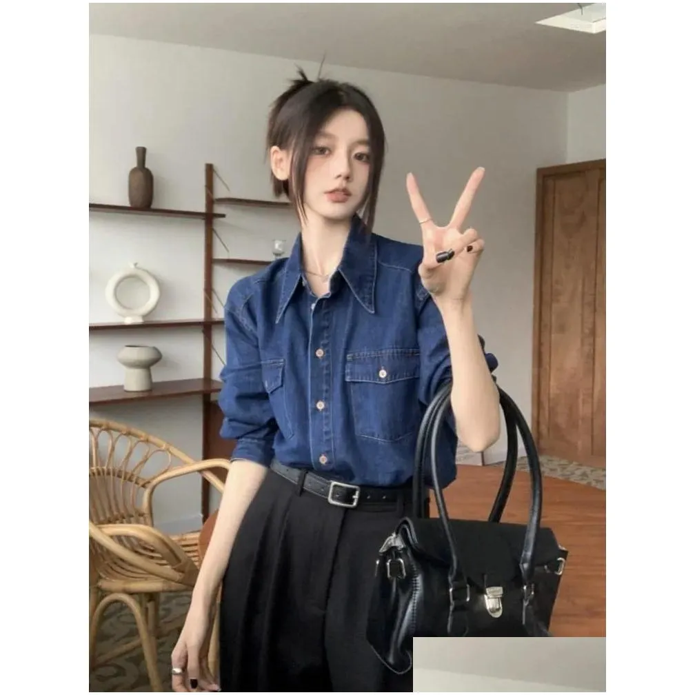 women`s blouses blue denim shirt spring autumn long sleeved turn down collar loose blouse single breasted casual cardigan women