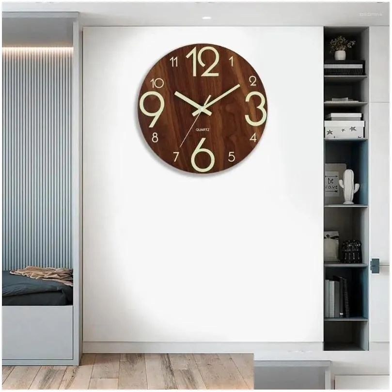 wall clocks number clock modern 12 inch wooden with glow-in-the-dark numbers silent home decoration mute for room